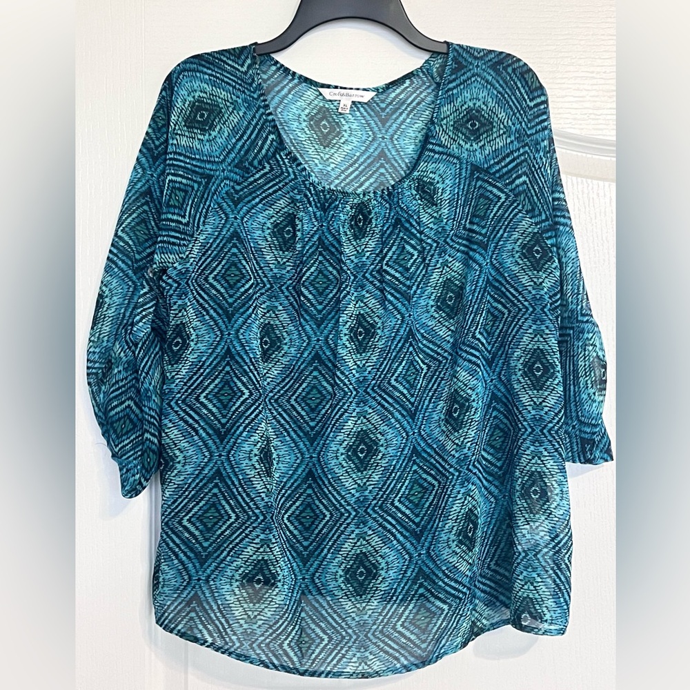 Croft & Barrow Sheer Turquoise Geometric Design Sheer Women’s Top